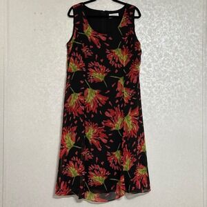 Studio I Red Floral Sleeveless A-line Black Midi Shift‎ Dress Sheer Lined Sz 16